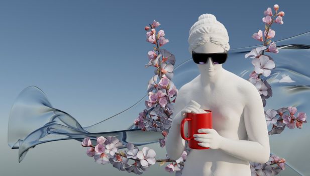 3d rendering. Goddess Hypnos drinking coffee