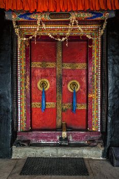 Door of Spituk Gompa (Tibetan Buddhist monastery). Ladakh, India