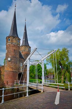 Oostport (Eastern Gate) of Delft in the day. Delft, Netherlands