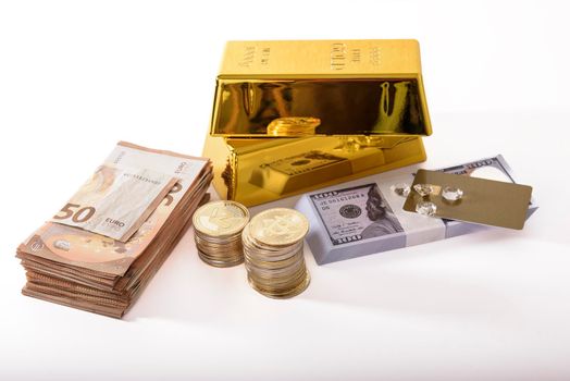 Concept of abundance of material wealth, gold, foreign exchange, diamonds