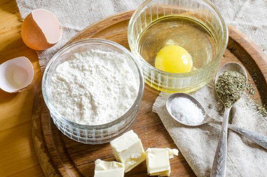 Ingredients for the dough: eggs, flour, oil, salt. From series "Cooking vegetable pie"