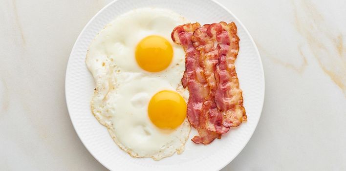 fried eggs with bacon, foodmap ketogenic keto diet, top view, banner