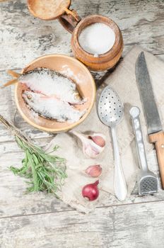 Two roaches fish in ceramic bowl with salt, near the old cutlery. From the series "Still Life with fresh fish"