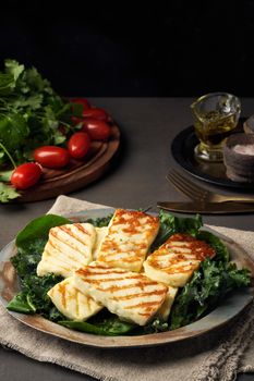 Cyprus fried halloumi cheese with healthy green salad. Lchf, pegan, fodmap, paleo, scd, keto, ketogenic diet. Balanced food, a greek clean eating recipe, vertical, copy space