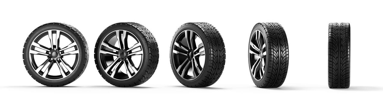 Five car wheels on a white background, 3D rendering illustration.