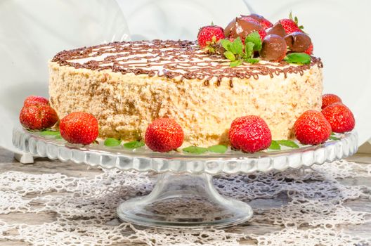 Homemade nutty cake with strawberries. From series "Kiev cake"