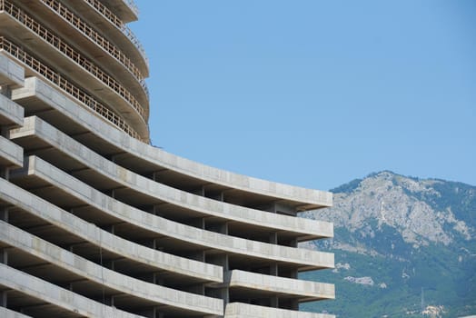 Construction of a modern reinforced concrete building in Europe.