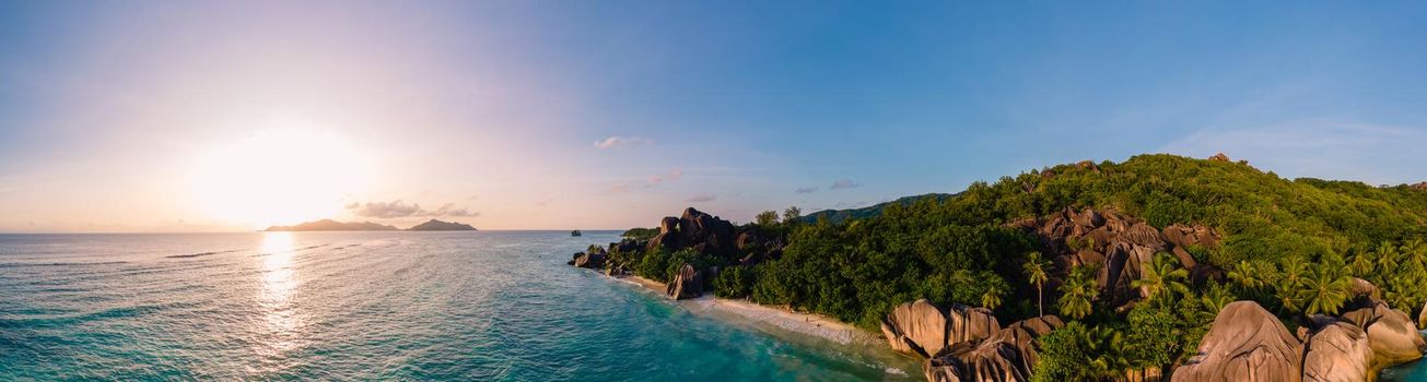 Anse Source d'Argent beach, La Digue Island, Seyshelles, Drone aerial view of La Digue Seychelles bird eye view.of tropical Island