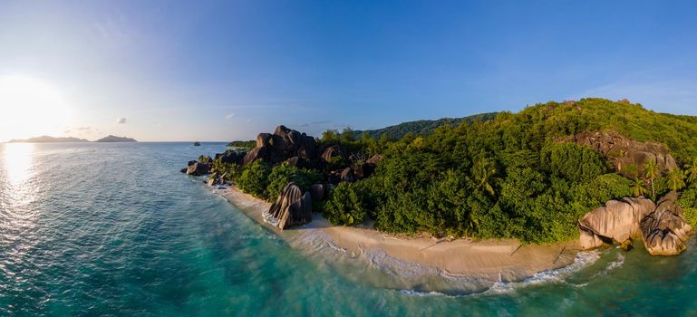 Anse Source d'Argent beach, La Digue Island, Seyshelles, Drone aerial view of La Digue Seychelles bird eye view.of tropical Island