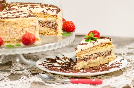 Homemade nutty cake with strawberries. From series "Kiev cake"