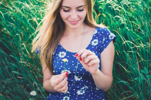 A young smiling, European girl, blonde with fair skin, holds a daisy flower in her hands and tears off the petals. Women's blue short skin-tight dress with white daisy print. Red manicure