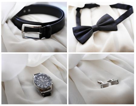 collage of photos. Men's accessories on white fabric