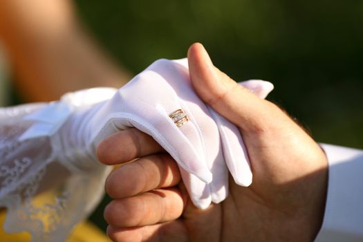 Loving couple holding hands with rings