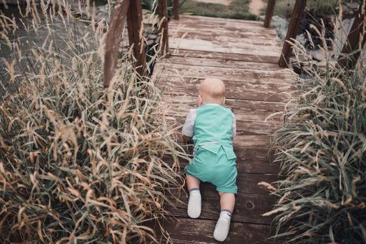 A small child crawls on a wooden bridge across a pond with reeds. The boy is dressed in a turquoise suit pants vest white shirt. Wooden brown shabby old vintage background.
