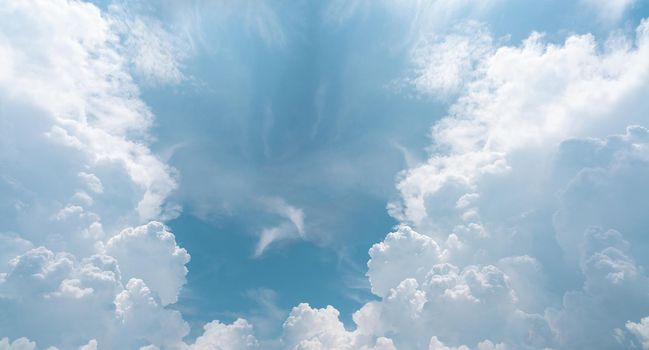 Beautiful blue sky and white cumulus clouds abstract background. Cloudscape background. Blue sky and fluffy white clouds on sunny day. Nature weather. Beautiful blue sky for happy day background. 