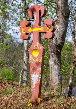 Road sign of Camino de Santiago, pilgrimage route to the Cathedral of Santiago de Compostela