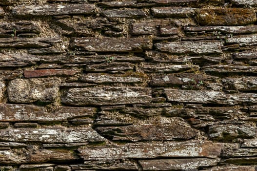 Old stone wall with green moss background