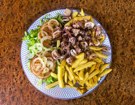 Baby octopuses and french fries on a plate, view from above