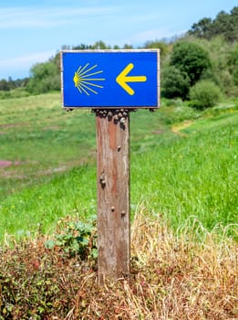 Road sign of Camino de Santiago, pilgrimage route to the Cathedral of Santiago de Compostela