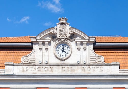 Estacion del Norte, Madrid, detail of the facade with the clock