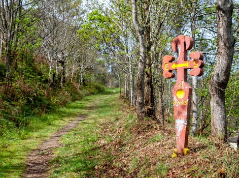 Road sign of Camino de Santiago, pilgrimage route to the Cathedral of Santiago de Compostela