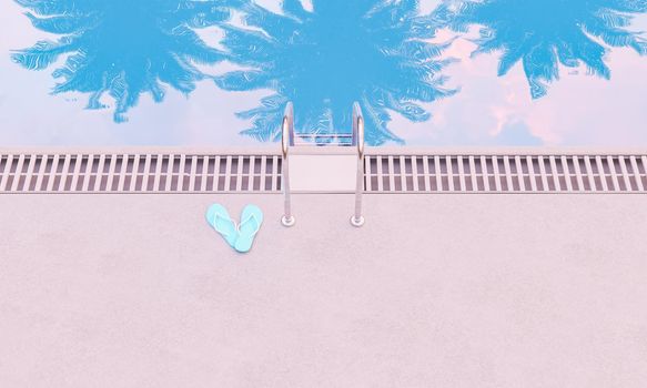 top view of swimming pool with palm tree reflections and flip flops next to stairs. summer vacation concept. 3d rendering