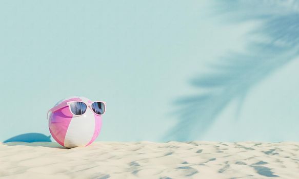 ball with sunglasses on beach sand and palm tree shaded wall. summer vacation concept. 3d rendering