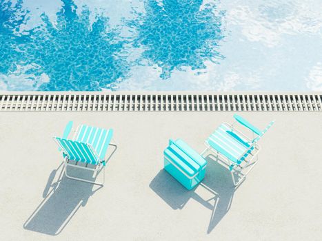 beach chairs with cooler next to a swimming pool with palm tree reflections. summer vacation concept. 3d rendering