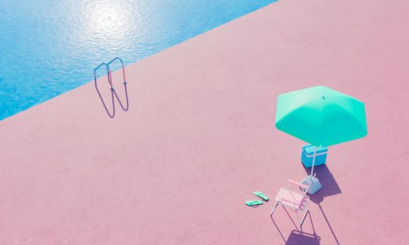 top view of swimming pool with chair and umbrella. summer vacation concept. 3d rendering