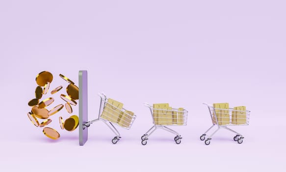 coins and mobile phone with shopping carts full of bags coming out of the screen. minimal concept of online shopping and payment with smartphone. 3d rendering