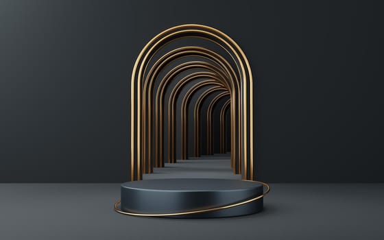 Empty gray cylinder podium and gold circle on black arch background. Abstract minimal studio 3d geometric shape object. Pedestal mockup space for display of product design. 3d rendering.