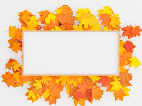 Autumn background with warm colored leaves and a wooden frame in the center to put text or design. 3d render