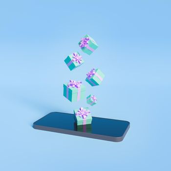 gift boxes falling on a mobile phone. minimal concept of online shopping. 3d rendering