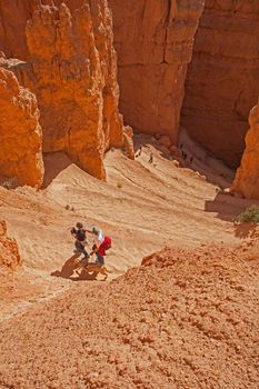 A blind man hiking with his son and guide dog coming up the switchbacks to finish the Navajo Trail