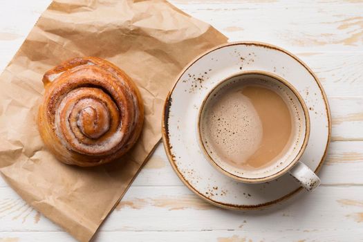 top view breakfast assortment with coffee pastry