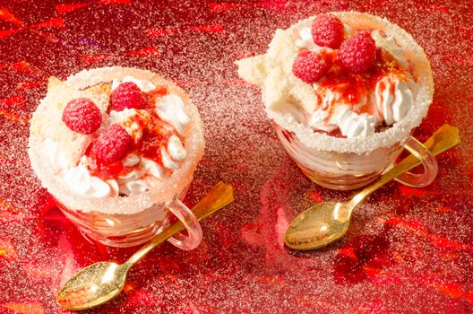 Christmas dessert in a glass with decoration. From series "Cranberry-raspberry trifle"