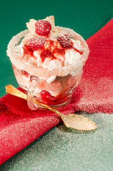 Christmas dessert in a glass with decoration. From series "Cranberry-raspberry trifle"