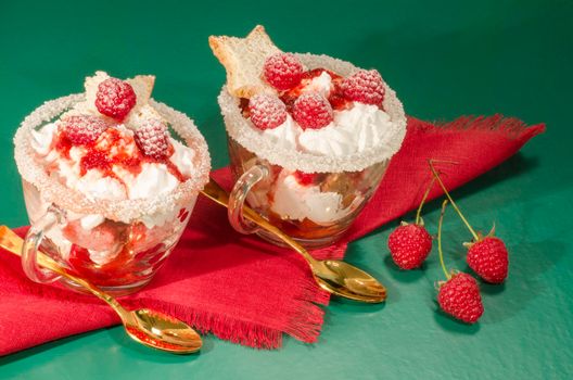 Christmas dessert in a glass with decoration. From series "Cranberry-raspberry trifle"