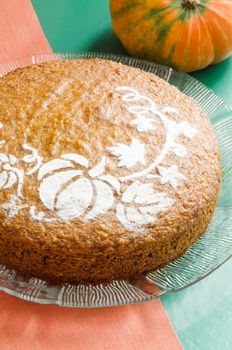 Pumpkin cake decorated with pattern. From the series "Pumpkin cake"