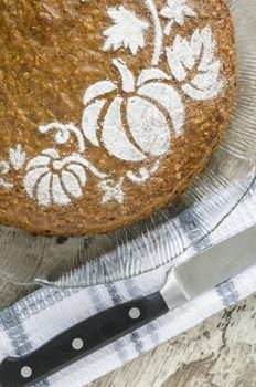 Pumpkin cake decorated with pattern. From the series "Pumpkin cake"