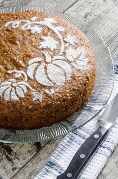 Pumpkin cake decorated with pattern. From the series "Pumpkin cake"