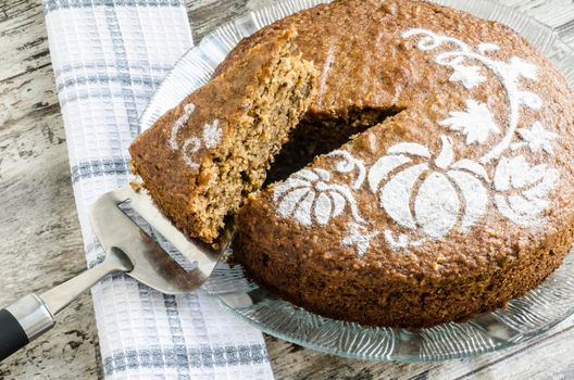 Pumpkin cake decorated with pattern. From the series "Pumpkin cake"