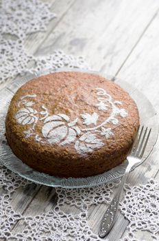 Pumpkin cake decorated with pattern. From the series "Pumpkin cake"