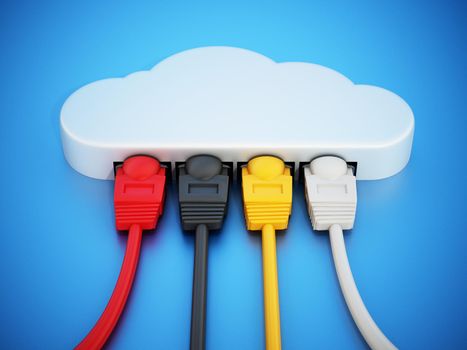 Colorful network cables connected to the cloud shape. 3D illustration.