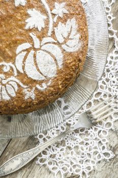 Pumpkin cake decorated with pattern. From the series "Pumpkin cake"