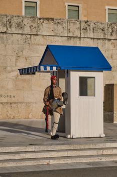 ATHENS, GREECE - MAY 20, 2010: Presidential ceremonial guard Evzone in front of the Monument of the Unknown Soldier near Greek Parliament, Syntagma square, Athenes, Greece