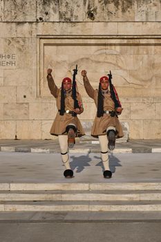ATHENS, GREECE - MAY 20, 2010: Changing of the presidential guard Evzones in front of the Monument of the Unknown Soldier near Greek Parliament, Syntagma square, Athenes, Greece