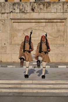 ATHENS, GREECE - MAY 20, 2010: Changing of the presidential guard Evzones in front of the Monument of the Unknown Soldier near Greek Parliament, Syntagma square, Athenes, Greece