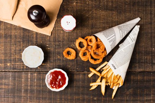 top view onion rings fries