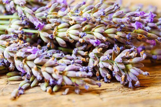 Lavender essential oil in a small bottle. Selective focus.